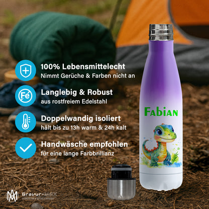 Thermoflasche 500ml in Weiß/Violett bedruckt mit tollen Motiven für Kinder "Dino Kinder" personalisierbar mit Wunschname