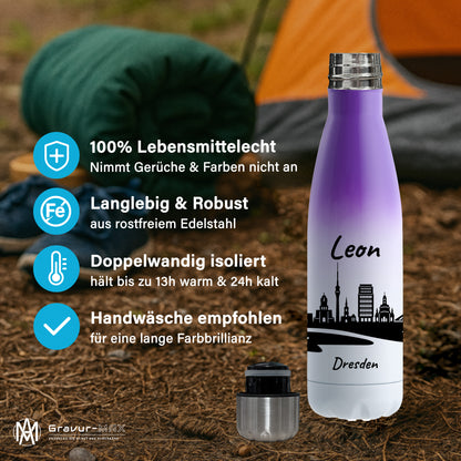 Trinkflasche in Weiß/Violett 500ml aus Edelstahl bedruckt mit der Skyline von Dresden personalisierbar mit Wunschname