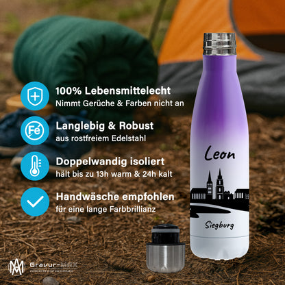 Trinkflasche in Weiß/Violett 500ml aus Edelstahl bedruckt mit der Skyline von Siegburg personalisierbar mit Wunschname