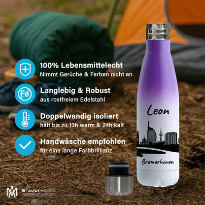 Trinkflasche in Weiß/Violett 500ml aus Edelstahl bedruckt mit der Skyline von Bremerhaven personalisierbar mit Wunschname