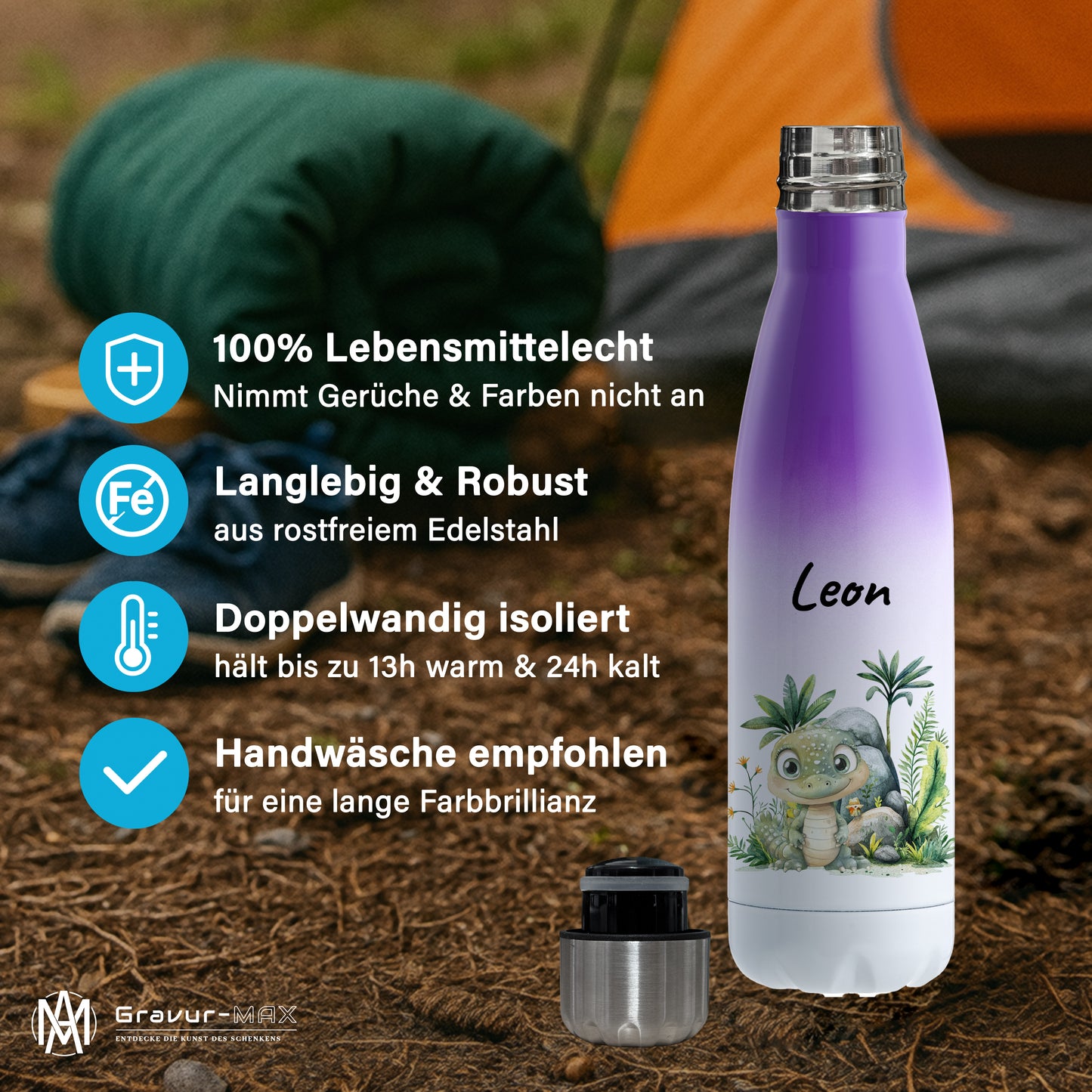 Trinkflasche mit Farbverlauf in Weiß/Violett 500ml aus Edelstahl bedruckt mit Dschungel Tieren"Krokodil" personalisierbar für Kinder mit Wunschname