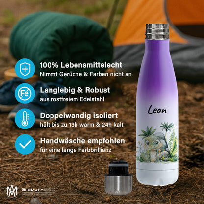 Trinkflasche mit Farbverlauf in Weiß/Violett 500ml aus Edelstahl bedruckt mit Dschungel Tieren"Krokodil" personalisierbar für Kinder mit Wunschname