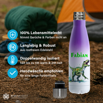 Thermoflasche 500ml in Weiß/Violett bedruckt mit tollen Motiven für Kinder "Dino T-Rex" personalisierbar mit Wunschname