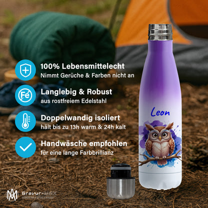Trinkflasche in Weiß/Violett 500ml aus Edelstahl bedruckt mit niedlichen Tieren "Eule" personalisierbar für Kinder mit Wunschname