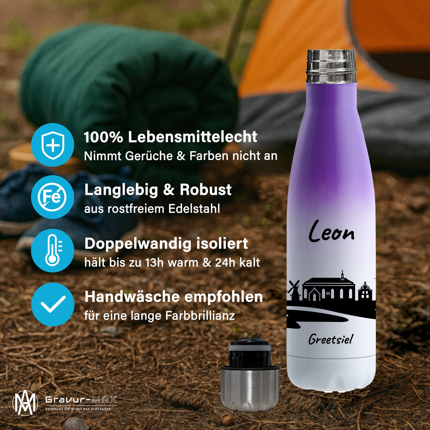 Trinkflasche in Weiß/Violett 500ml aus Edelstahl bedruckt mit der Skyline von Greetsiel personalisierbar mit Wunschname