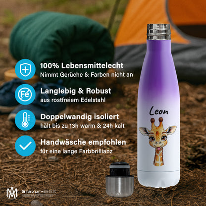 Trinkflasche in Weiß/Violett 500ml aus Edelstahl bedruckt mit niedlichen Tieren "Giraffe" personalisierbar für Kinder mit Wunschname