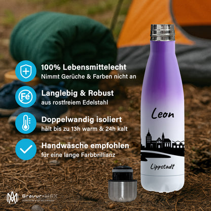 Trinkflasche in Weiß/Violett 500ml aus Edelstahl bedruckt mit der Skyline von Lippstadt personalisierbar mit Wunschname