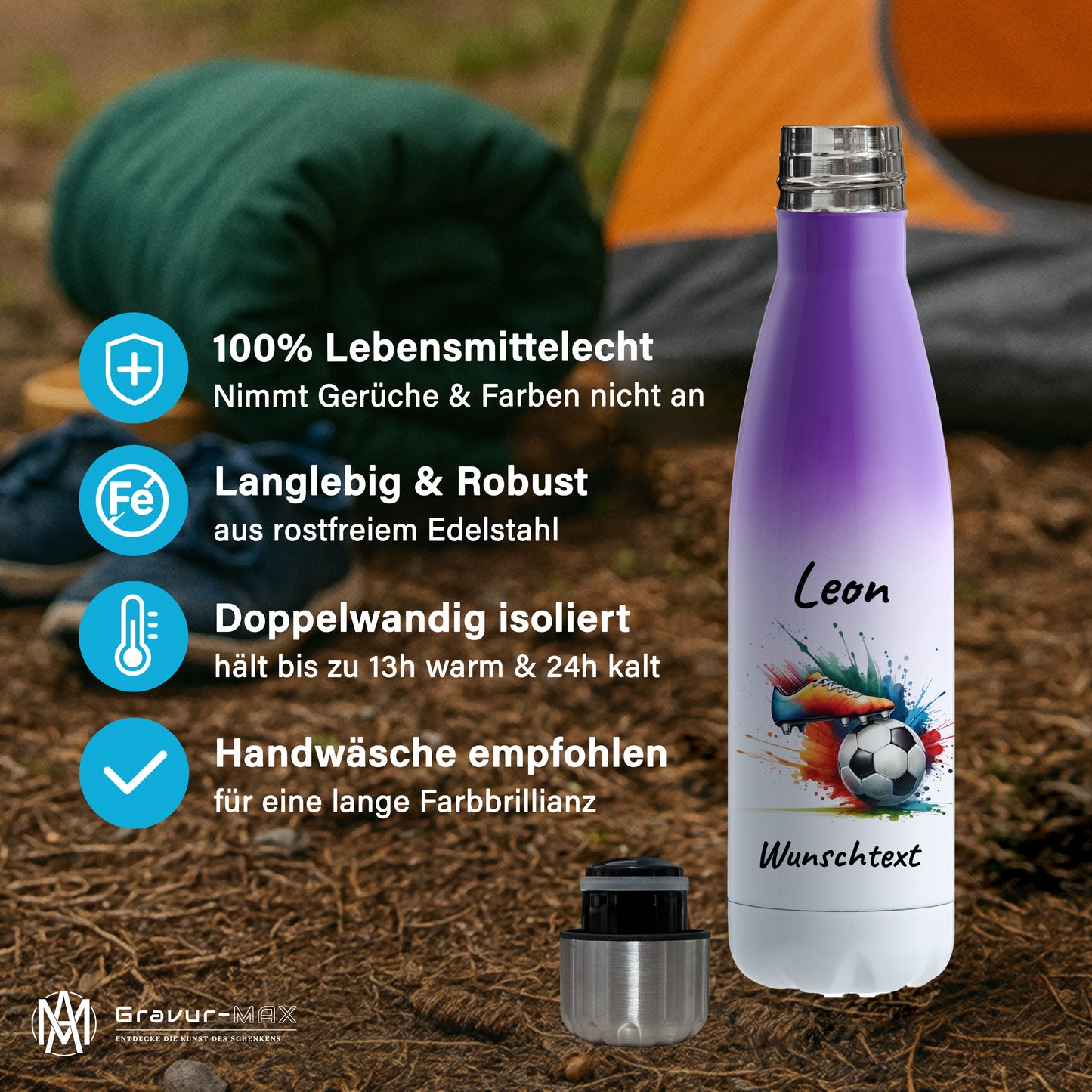 Thermoflasche 500ml in Weiß/Violett aus Edelstahl bedruckt "Fußball" Motiv6 personalisierbar mit Wunschname & Text