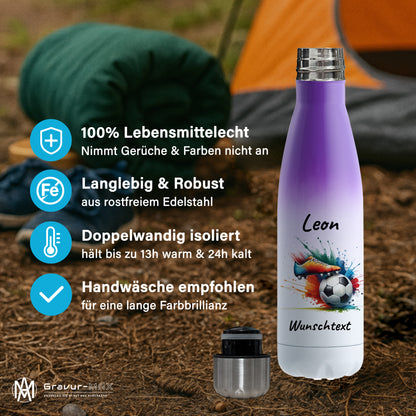 Thermoflasche 500ml in Weiß/Violett aus Edelstahl bedruckt "Fußball" Motiv6 personalisierbar mit Wunschname & Text