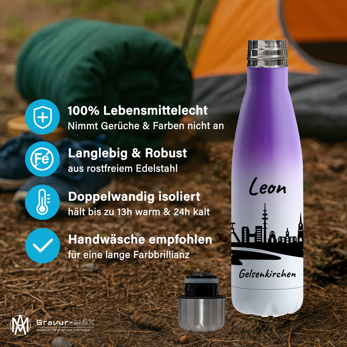 Trinkflasche in Weiß/Violett 500ml aus Edelstahl bedruckt mit der Skyline von Gelsenkirchen personalisierbar mit Wunschname