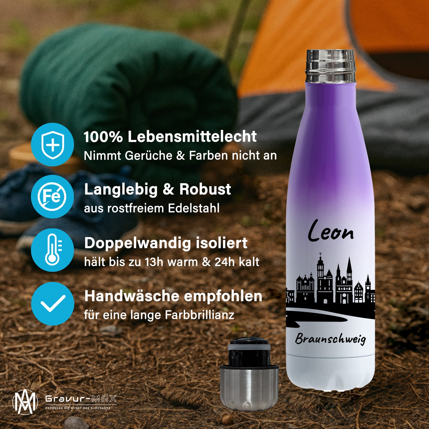 Trinkflasche in Weiß/Violett 500ml aus Edelstahl bedruckt mit der Skyline von Braunschweig personalisierbar mit Wunschname