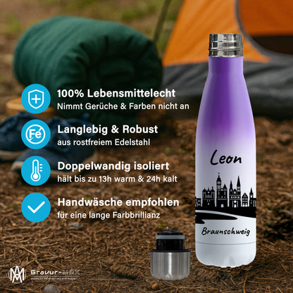 Trinkflasche in Weiß/Violett 500ml aus Edelstahl bedruckt mit der Skyline von Braunschweig personalisierbar mit Wunschname