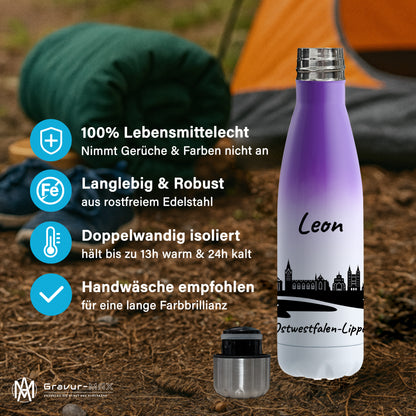Trinkflasche in Weiß/Violett 500ml aus Edelstahl bedruckt mit der Skyline von Ostwestfalen-Lippe personalisierbar mit Wunschname