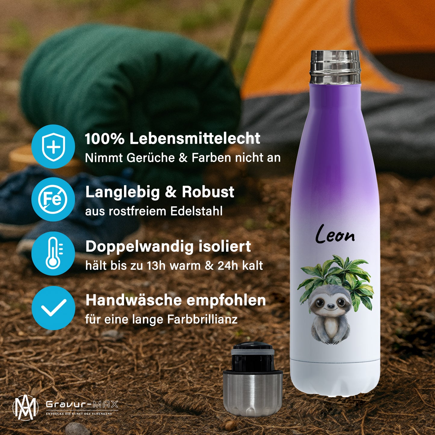 Trinkflasche mit Farbverlauf in Weiß/Violett 500ml aus Edelstahl bedruckt mit Dschungel Tieren"Faultier" personalisierbar für Kinder mit Wunschname