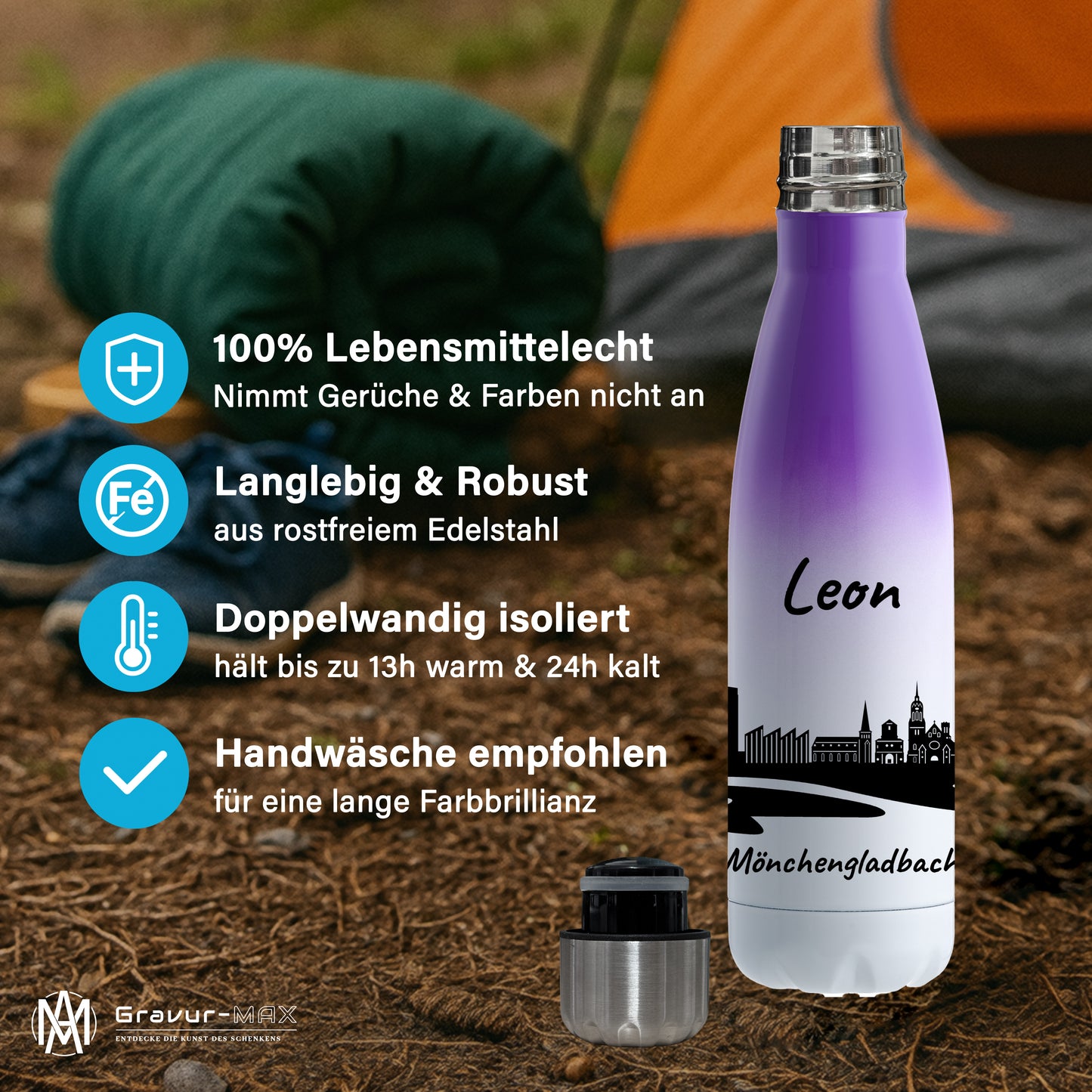 Trinkflasche in Weiß/Violett 500ml aus Edelstahl bedruckt mit der Skyline von Mönchengladbach personalisierbar mit Wunschname