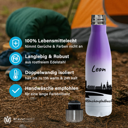 Trinkflasche in Weiß/Violett 500ml aus Edelstahl bedruckt mit der Skyline von Mönchengladbach personalisierbar mit Wunschname