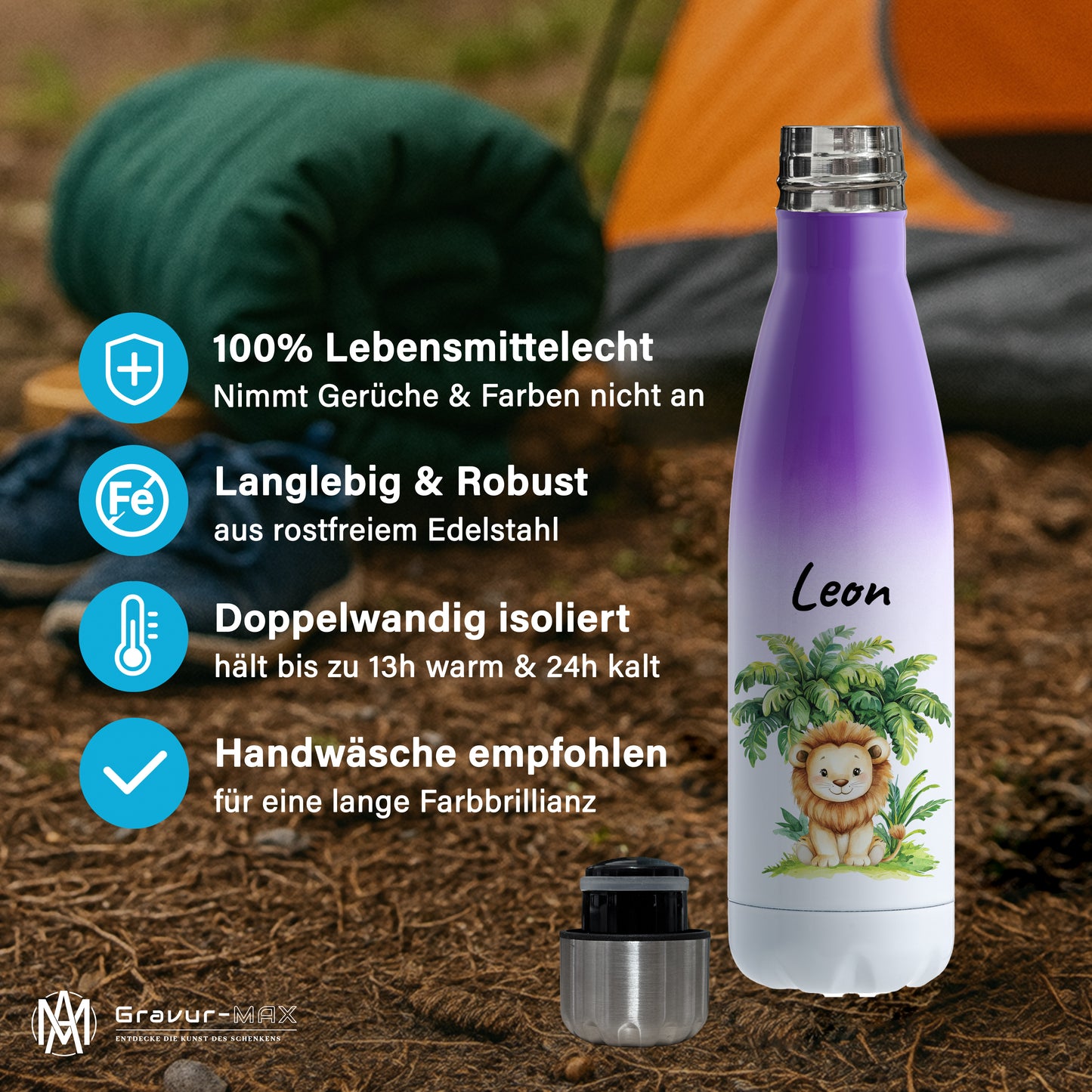 Trinkflasche mit Farbverlauf in Weiß/Violett 500ml aus Edelstahl bedruckt mit Dschungel Tieren"Löwe" personalisierbar für Kinder mit Wunschname