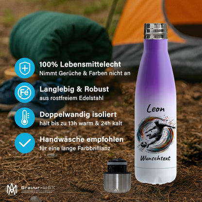 Thermoflasche 500ml in Weiß/Violett aus Edelstahl bedruckt "Fußball" Motiv1 personalisierbar mit Wunschname & Text