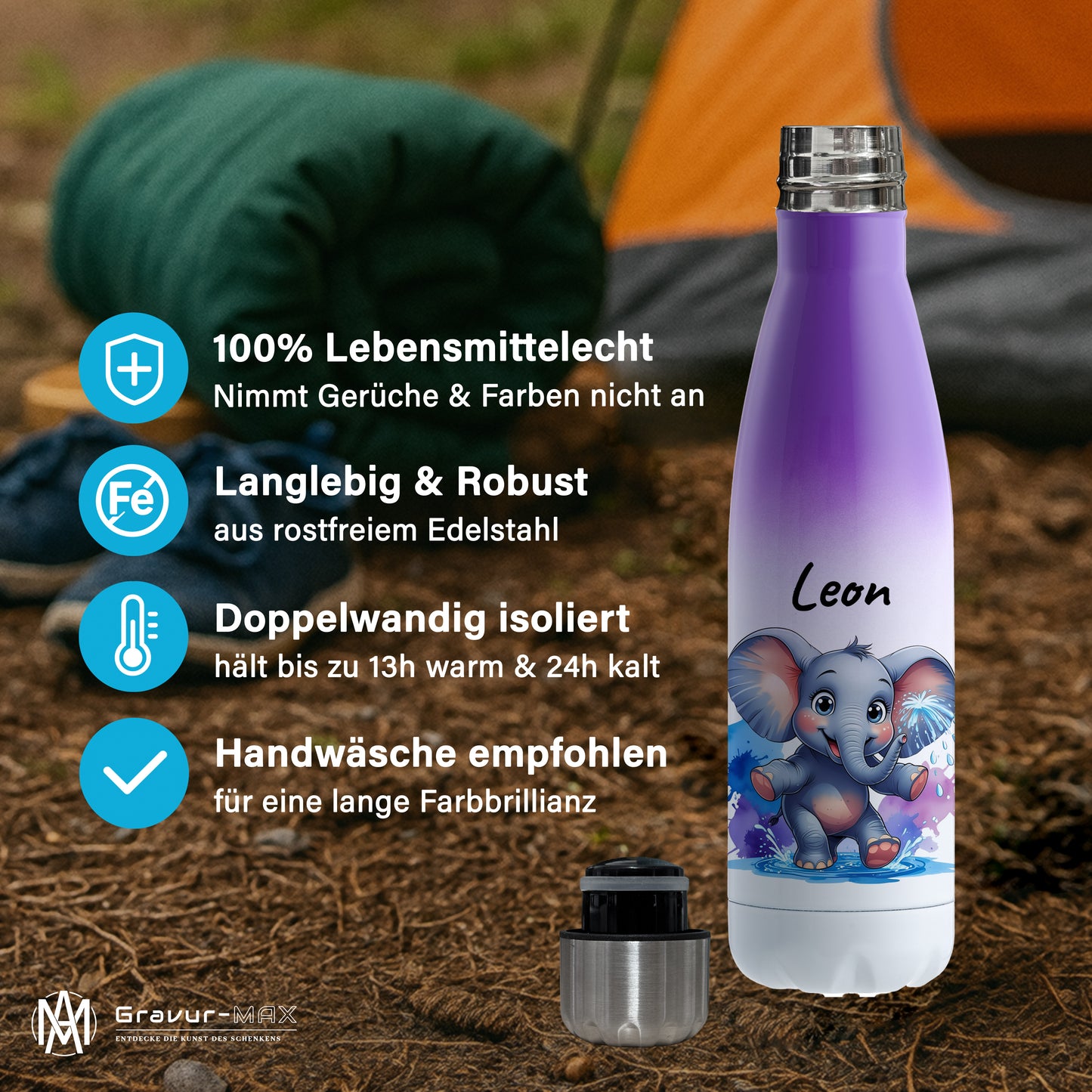 Trinkflasche in Weiß/Violett 500ml aus Edelstahl bedruckt mit niedlichen Tieren "Elefant" personalisierbar für Kinder mit Wunschname