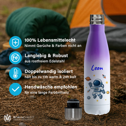 Thermoflasche 500ml in Weiß/Violett bedruckt mit tollen Motiven für Kinder "Astronaut" personalisierbar mit Wunschname
