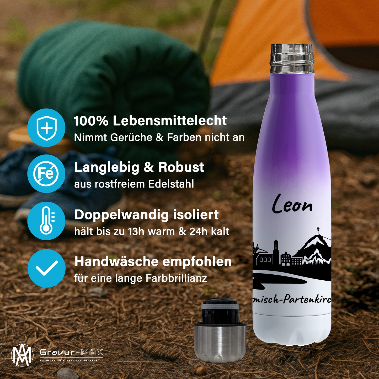 Trinkflasche in Weiß/Violett 500ml aus Edelstahl bedruckt mit der Skyline von Garmisch-Partenkirchen personalisierbar mit Wunschname