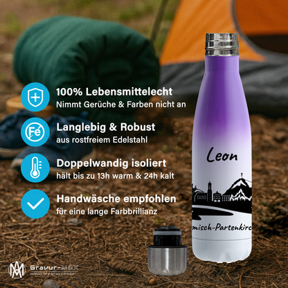 Trinkflasche in Weiß/Violett 500ml aus Edelstahl bedruckt mit der Skyline von Garmisch-Partenkirchen personalisierbar mit Wunschname