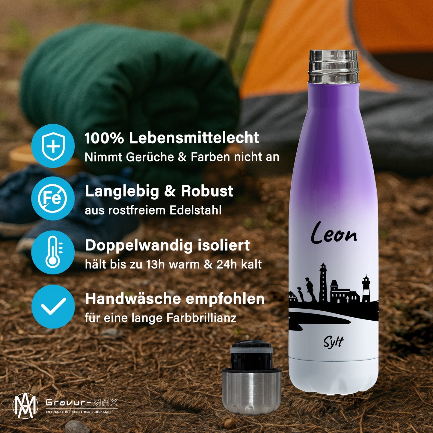 Trinkflasche in Weiß/Violett 500ml aus Edelstahl bedruckt mit der Skyline von Sylt personalisierbar mit Wunschname