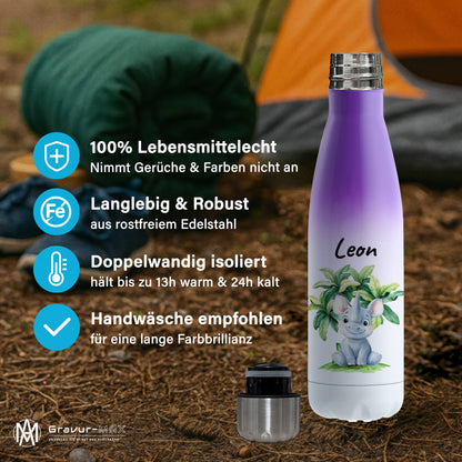 Trinkflasche mit Farbverlauf in Weiß/Violett 500ml aus Edelstahl bedruckt mit Dschungel Tieren"Nashorn" personalisierbar für Kinder mit Wunschname