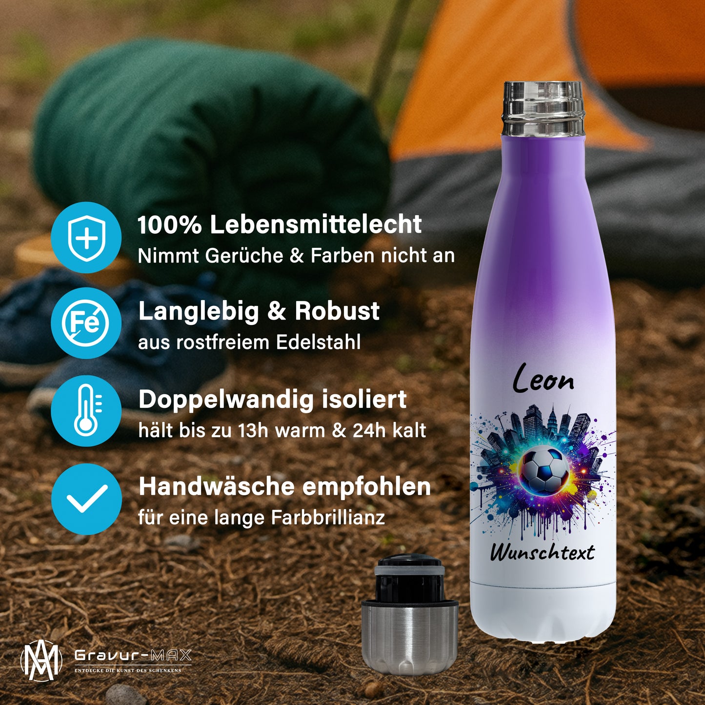 Thermoflasche 500ml in Weiß/Violett aus Edelstahl bedruckt "Fußball" Motiv7 personalisierbar mit Wunschname & Text
