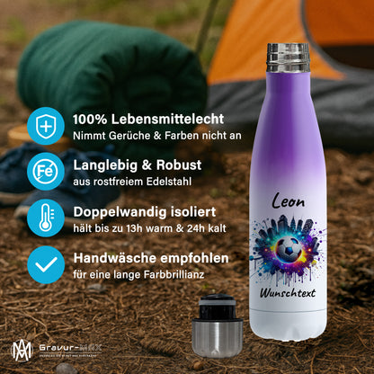 Thermoflasche 500ml in Weiß/Violett aus Edelstahl bedruckt "Fußball" Motiv7 personalisierbar mit Wunschname & Text