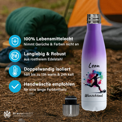 Thermoflasche 500ml in Weiß/Violett aus Edelstahl bedruckt "Fußball" Motiv4 personalisierbar mit Wunschname & Text