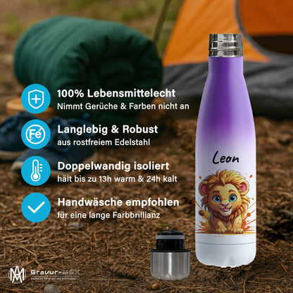 Trinkflasche in Weiß/Violett 500ml aus Edelstahl bedruckt mit niedlichen Tieren "Löwe" personalisierbar für Kinder mit Wunschname