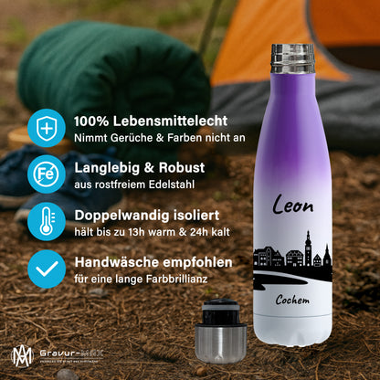Trinkflasche in Weiß/Violett 500ml aus Edelstahl bedruckt mit der Skyline von Cochem personalisierbar mit Wunschname