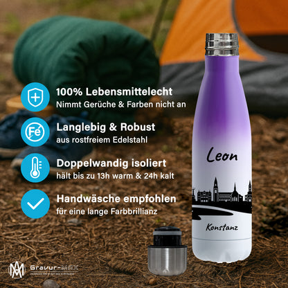 Trinkflasche in Weiß/Violett 500ml aus Edelstahl bedruckt mit der Skyline von Konstanz personalisierbar mit Wunschname