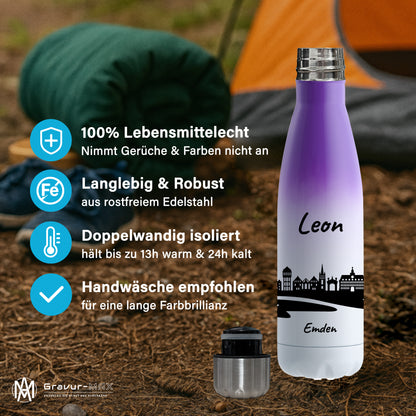 Trinkflasche in Weiß/Violett 500ml aus Edelstahl bedruckt mit der Skyline von Emden personalisierbar mit Wunschname