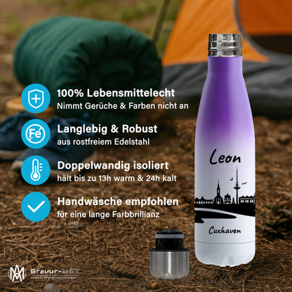 Trinkflasche in Weiß/Violett 500ml aus Edelstahl bedruckt mit der Skyline von Cuxhaven personalisierbar mit Wunschname