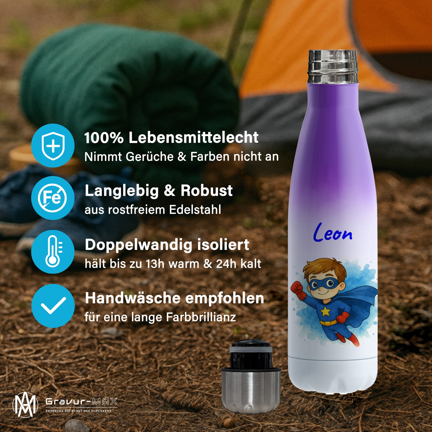Thermoflasche 500ml in Weiß/Violett bedruckt mit tollen Motiven für Kinder "Superheld" personalisierbar mit Wunschname