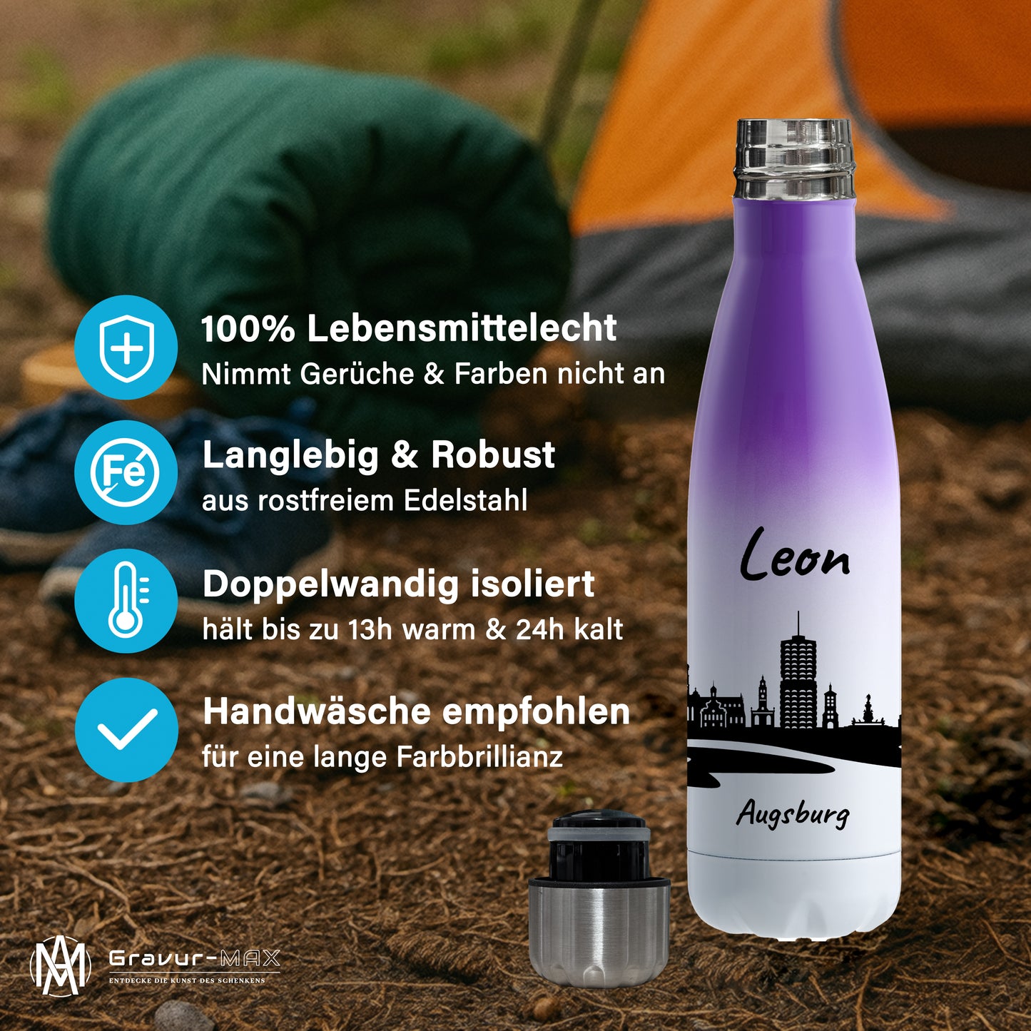 Trinkflasche in Weiß/Violett 500ml aus Edelstahl bedruckt mit der Skyline von Augsburg personalisierbar mit Wunschname