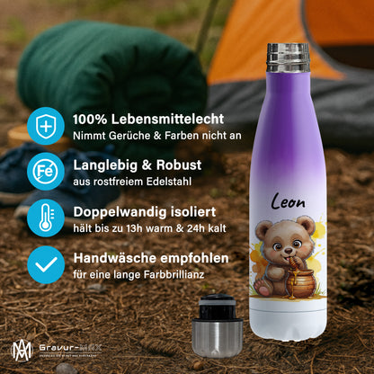Trinkflasche in Weiß/Violett 500ml aus Edelstahl bedruckt mit niedlichen Tieren "Bär" personalisierbar für Kinder mit Wunschname