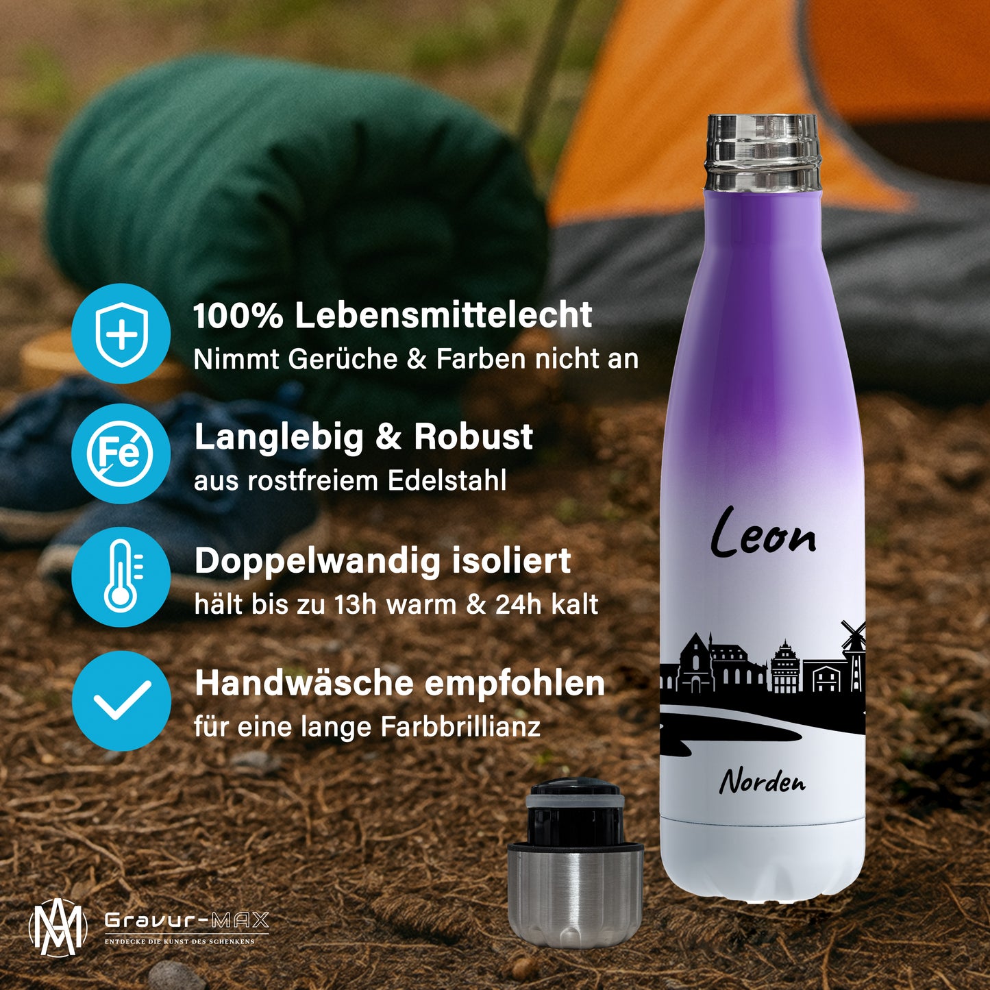 Trinkflasche in Weiß/Violett 500ml aus Edelstahl bedruckt mit der Skyline von Norden personalisierbar mit Wunschname