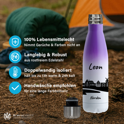 Trinkflasche in Weiß/Violett 500ml aus Edelstahl bedruckt mit der Skyline von Norden personalisierbar mit Wunschname