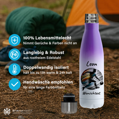 Thermoflasche 500ml in Weiß/Violett aus Edelstahl bedruckt "Fußball" Motiv2 personalisierbar mit Wunschname & Text