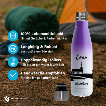 Trinkflasche in Weiß/Violett 500ml aus Edelstahl bedruckt mit der Skyline von Heidelberg personalisierbar mit Wunschname
