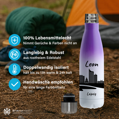 Trinkflasche in Weiß/Violett 500ml aus Edelstahl bedruckt mit der Skyline von Leipzig personalisierbar mit Wunschname
