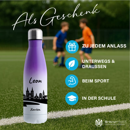 Trinkflasche in Weiß/Violett 500ml aus Edelstahl bedruckt mit der Skyline von Xanten personalisierbar mit Wunschname