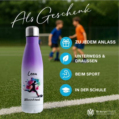 Thermoflasche 500ml in Weiß/Violett aus Edelstahl bedruckt "Fußball" Motiv4 personalisierbar mit Wunschname & Text