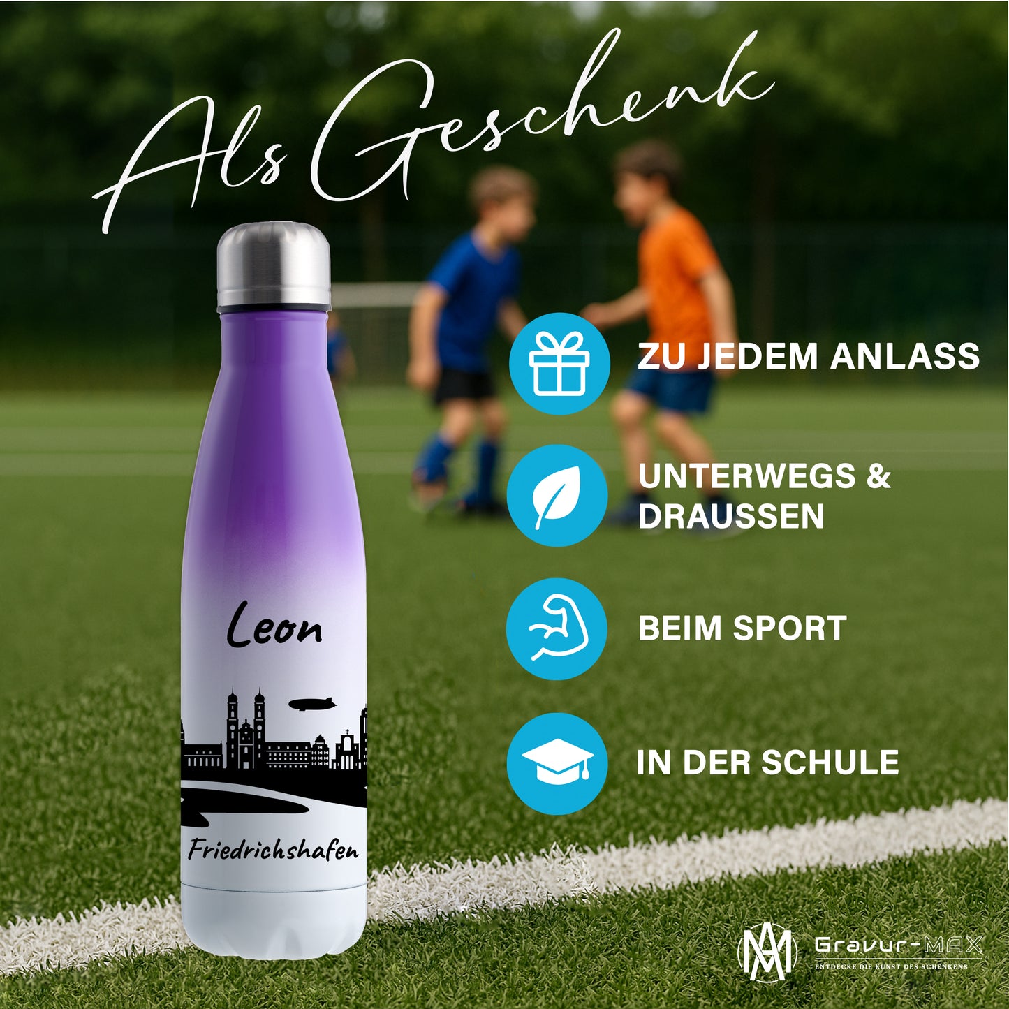 Trinkflasche in Weiß/Violett 500ml aus Edelstahl bedruckt mit der Skyline von Friedrichshafen personalisierbar mit Wunschname