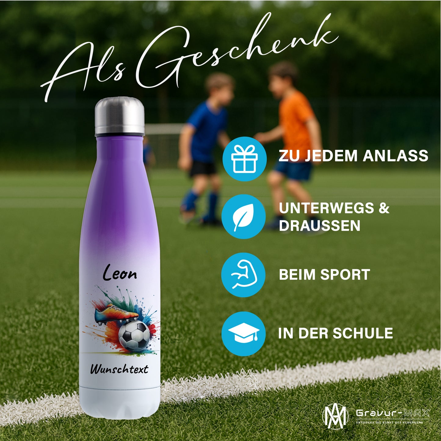 Thermoflasche 500ml in Weiß/Violett aus Edelstahl bedruckt "Fußball" Motiv6 personalisierbar mit Wunschname & Text
