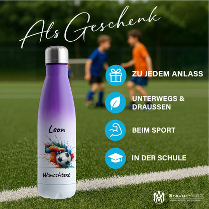 Thermoflasche 500ml in Weiß/Violett aus Edelstahl bedruckt "Fußball" Motiv6 personalisierbar mit Wunschname & Text