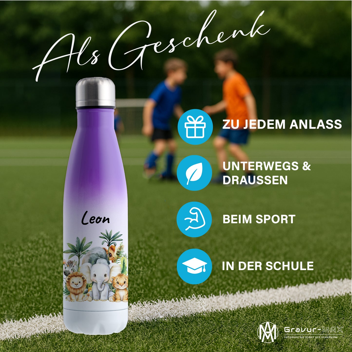 Trinkflasche mit Farbverlauf in Weiß/Violett 500ml aus Edelstahl bedruckt mit Dschungel Tieren"Dschungel Tiere" personalisierbar für Kinder mit Wunschname